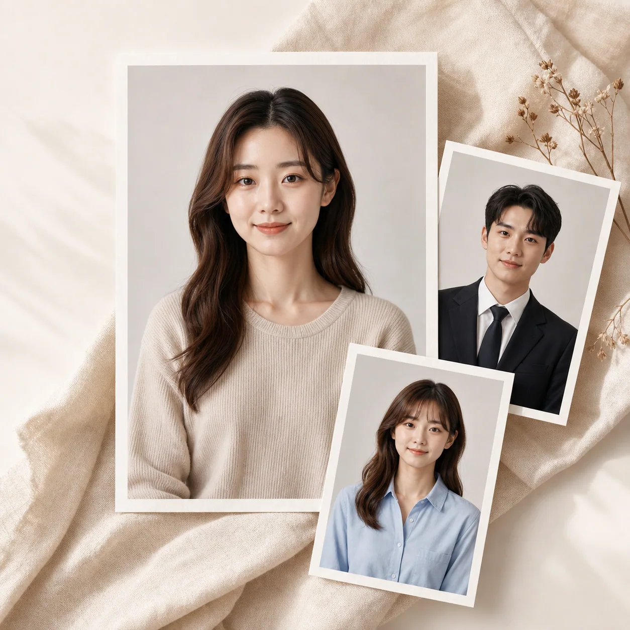 서로 다른 분위기의 증명사진 촬영 결과 예시